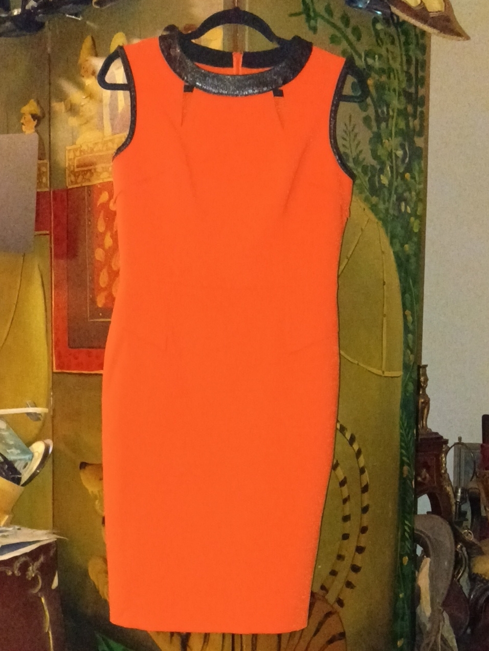 HOT Teri Jon rickie freeman Bright Coral Sheath Dress with Black Fabric Trim